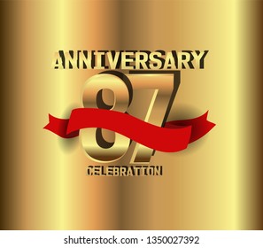 87 years Anniversary golden font with golden background and red ribbon. Red ribbon on top golden font number. Font with shadow. My all design can see in my portofolio