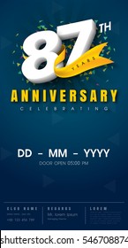 87 years anniversary invitation card - celebration template 
design , 87th anniversary modern design elements, dark blue 
background - vector illustration