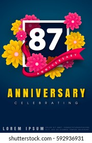 87 years anniversary invitation card - celebration template design , 87th anniversary with flowers and modern design elements, dark blue background - vector illustration