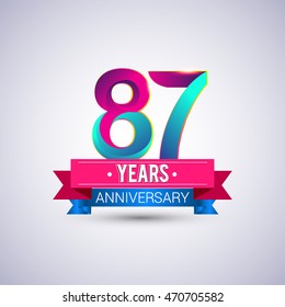 87 years anniversary logo, blue and red colored vector design