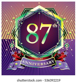 87 years anniversary logo celebration with ring and ribbon. Symbol and template for greeting card.