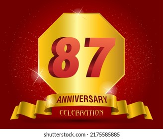 87 years anniversary logo template. Red numbers with golden ribbon.