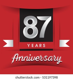 87 years anniversary logo with white ribbon isolated on red background, flat design style, Vector template elements for birthday celebration.