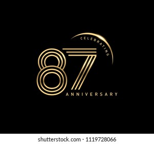 87 years anniversary logotype with swoosh line golden color for celebration. Anniversary logo with ring and elegance golden color isolated on black background