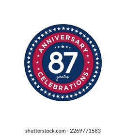 87 años. Diseño de plantillas de aniversario, colores rojo y azul con estrellas, diseño para eventos, tarjeta de invitación, tarjeta de saludo, banner, afiche, volante, portada de libros e impresión. Vector Eps10