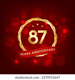 87 Jahre Jubiläum. Jubiläumsvorlage Design mit Goldnummer und rotem Band, Design für Veranstaltung, Einladungskarte, Grußkarte, Banner, Poster, Flyer, Buchumschlag und Druck. Vektorgrafik-EPS10