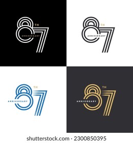 87 years anniversary vector number icon, birthday logo label, black, white and colors with stripe number