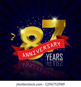 87 years anniversary Vector Template Design with golden color and silver ribbon isolated on blue sunburst background illustration for celebration event - Vector