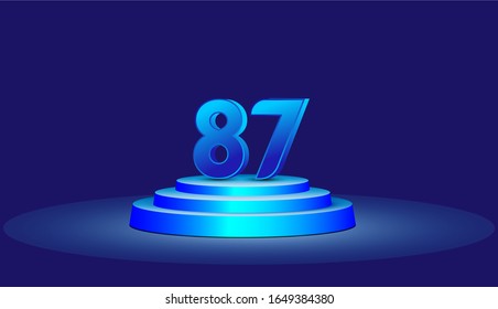 Ilustración de diseño de plantillas vectoriales de 87 años. Blue 3d Números con escenario de podio para celebración