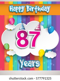87 Years Birthday Celebration, with balloons and clouds, Colorful Vector design for invitation card and birthday party.