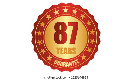 87 years guarantee stamp icon or a guarantee tag, badge, label, original certified concept seal vector illustration, logo isolated on white background and golden red text