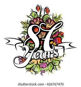 87 Years with nice bouquet of flowers, Greeting Card Design, Vector Hand Drawn Artwork
