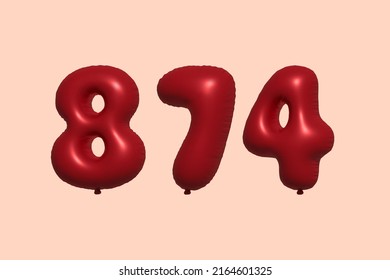 874 3d number balloon made of realistic metallic air balloon 3d rendering. 3D Red helium balloons for sale decoration Party Birthday, Celebrate anniversary, Wedding Holiday. Vector illustration