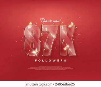 87k followers celebration. with glass figures on a red background.