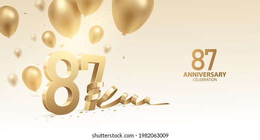 87th Anniversary celebration background. 3D Golden numbers with bent ribbon, confetti and balloons.