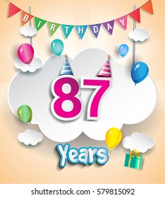 87th Anniversary Celebration Design, with clouds and balloons. using Paper Art Design Style, Vector template elements for your, eighty seven years birthday celebration party.