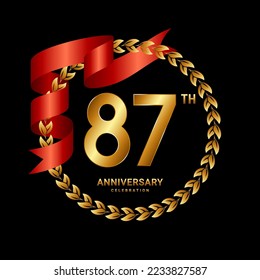 87th Anniversary Celebration. Anniversary Logo Design with Laurel Wreath and Red Ribbon for Celebration Event, Wedding, Invitation, Greeting Card. Logo Vector Illustration