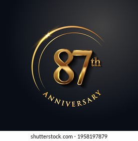 87th Anniversary Celebration. Anniversary logo with ring and elegance golden color isolated on black background, vector design for celebration, invitation card, and greeting card.