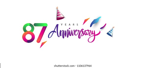 87th anniversary celebration logotype and anniversary calligraphy text colorful design, celebration birthday design on white background.