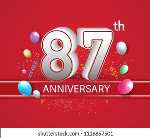 87th anniversary design red background with balloons and confetti for company celebration event 