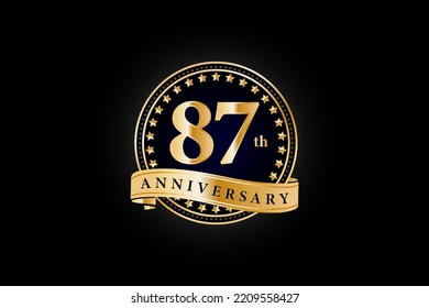 87th anniversary golden gold logo with gold ring and ribbon isolated on black background, vector design for celebration.