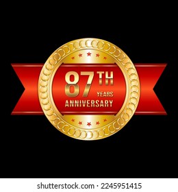 87th Anniversary. Anniversary logo design with gold color text and red ribbon for anniversary celebration event. Logo Vector Illustration