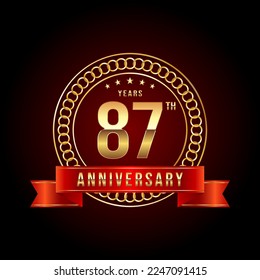 87th Anniversary. Anniversary logo design with gold color text and red ribbon for anniversary celebration event. Logo Vector Illustration