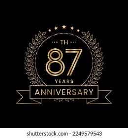 87th Anniversary logo design with laurel wreath for celebration event, invitation, banner, poster, flyer, greeting card. Line Art Design, Logo Vector Illustration