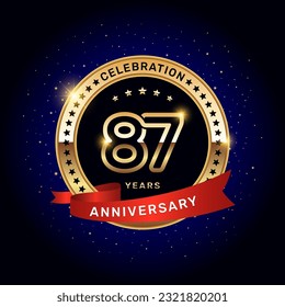 87th anniversary logo with gold numbers and red ribbon, vector template