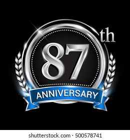 87th anniversary logo with silver ring combination blue ribbon and laurel wreath. Vector template for birthday celebration, party, wedding, invitation and greeting card