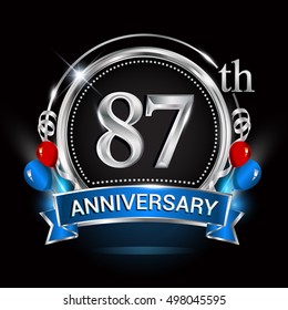 87th anniversary logo with silver ring,balloons and blue ribbon. Vector design template elements for your birthday celebration.