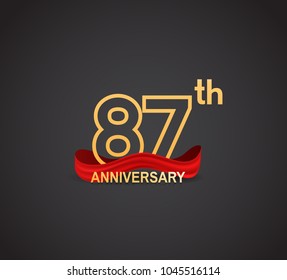 87th anniversary logotype design with line golden color and red ribbon for celebration isolated on dark background