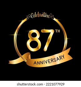 87th Anniversary. Perfect template design for Anniversary celebration event with gold color ribbon and ring, vector illustration