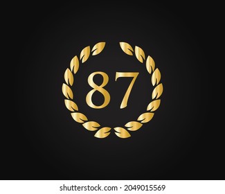 87th Anniversary Ring Logo Template. 87th Years Anniversary Logo With Golden Ring Isolated On Black Background, For Birthday, Anniversary And Company Celebration