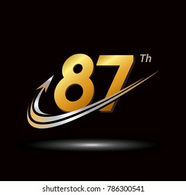 87th anniversary with swoosh and arrow icon. fast and forward golden anniversary logo on black background