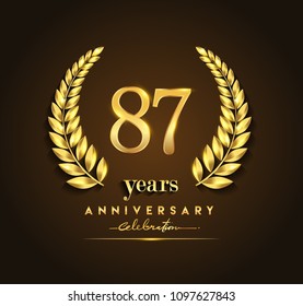 87th gold anniversary celebration logo with golden color and laurel wreath vector design.