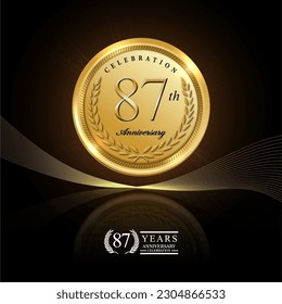 87th gold anniversary celebration logo with golden color and laurel wreath vector design.