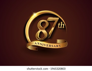 87th golden anniversary logo with gold ring and golden ribbon, vector design for birthday celebration, invitation card.