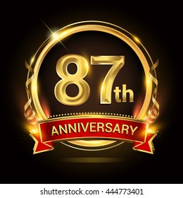 87th golden anniversary logo with ring and red ribbon, vector design.
