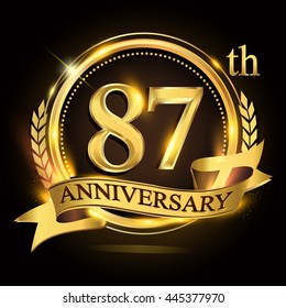 87th golden anniversary logo with ring and ribbon, laurel wreath vector design.
