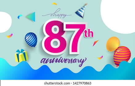 87th Years Anniversary Celebration Design, with gift box and balloons, ribbon, Colorful Vector template elements for your birthday celebrating party.