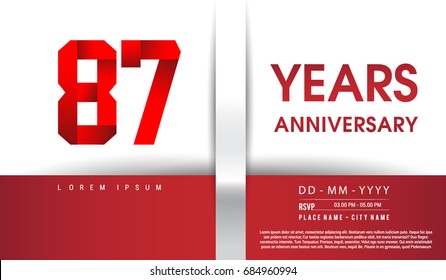 87th Years Anniversary celebration logo, flat design isolated on red and white background, vector elements for banner, invitation card and birthday party.