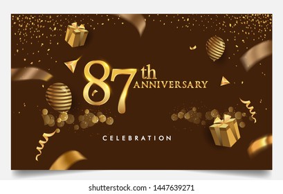 87th years anniversary design for greeting cards and invitation, with balloon, confetti and gift box, elegant design with gold and dark color, design template for birthday celebration.