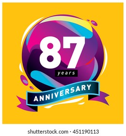 87th years greeting card anniversary with colorful number and frame. logo and icon with circle badge and background