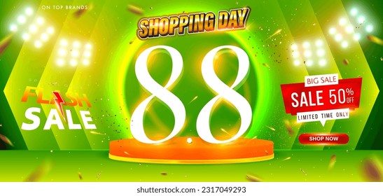 8.8 3D Flash Sale Shopping banner template design. 8.8 white 3D is placed on circular podium. Big sale event on the stage with spotlight LED. Ads for the web, social media and online shopping. Vector