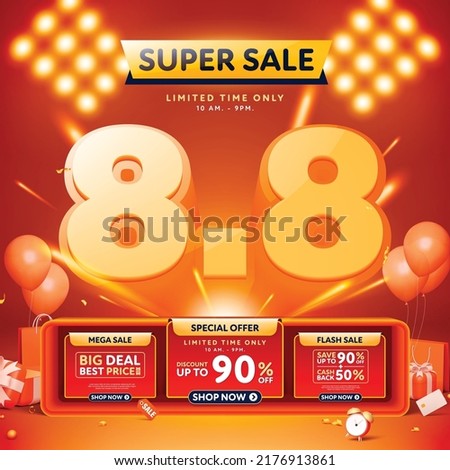 8.8 3D super sale banner template design for web or social media.