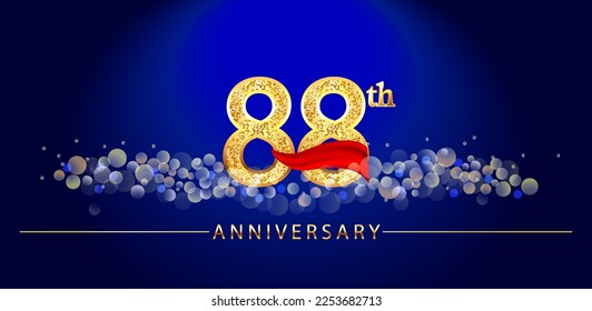 88 anniversary celebration. 88th anniversary celebration. 88 year anniversary celebration logo with glitter, confetti, red ribbon and blue background.