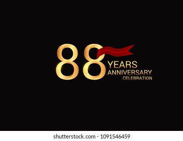 88 anniversary vector design golden colored with red ribbon isolated on black background