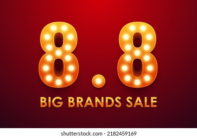 8.8 Big Brands Sale. Text Light Bulb Frame Retro Billboard For Marketing Banner. Vector Illustration