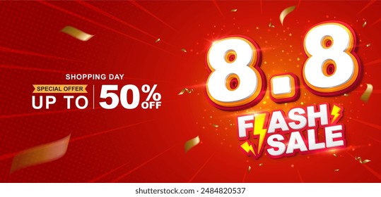 8.8 Rabatt Flash Sale Hintergrund. Vektorillustration zum Einkaufstag, Online-Shopping, Sonderangebot Coupon, Gutschein, Banner Vorlage, Websites, Social Media Werbung.